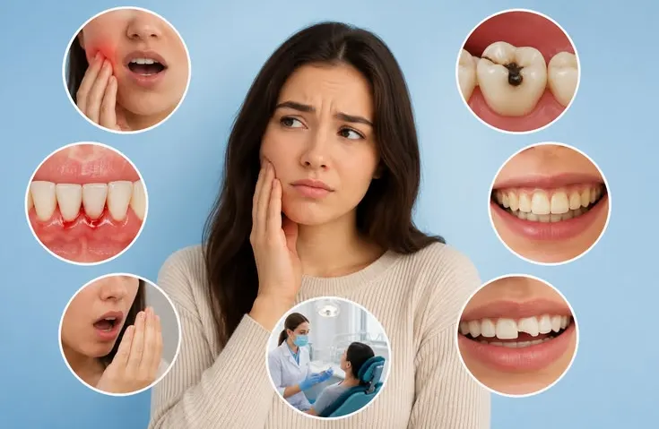 Worried woman holding her cheek, surrounded by circular close-ups of common dental problems: jaw pain, a molar with a dark cavity, bleeding gums, a hand covering the mouth for bad breath, discoloured teeth, a chipped front tooth, and a dentist examining a patient