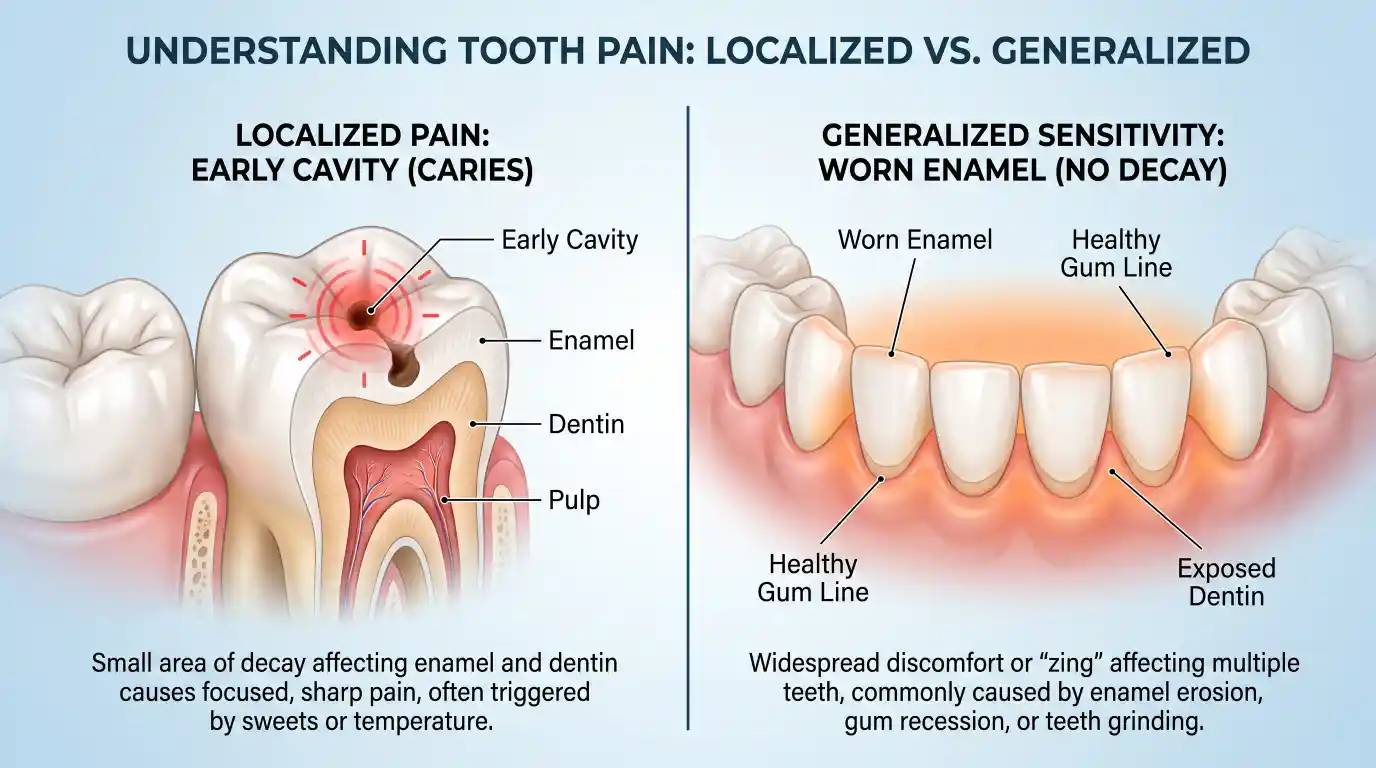 Infographic comparing localised tooth pain from an early cavity, shown as a cross-section with decay passing through the enamel into the dentin above the pulp, with generalised sensitivity from worn enamel and exposed dentin across several lower front teeth