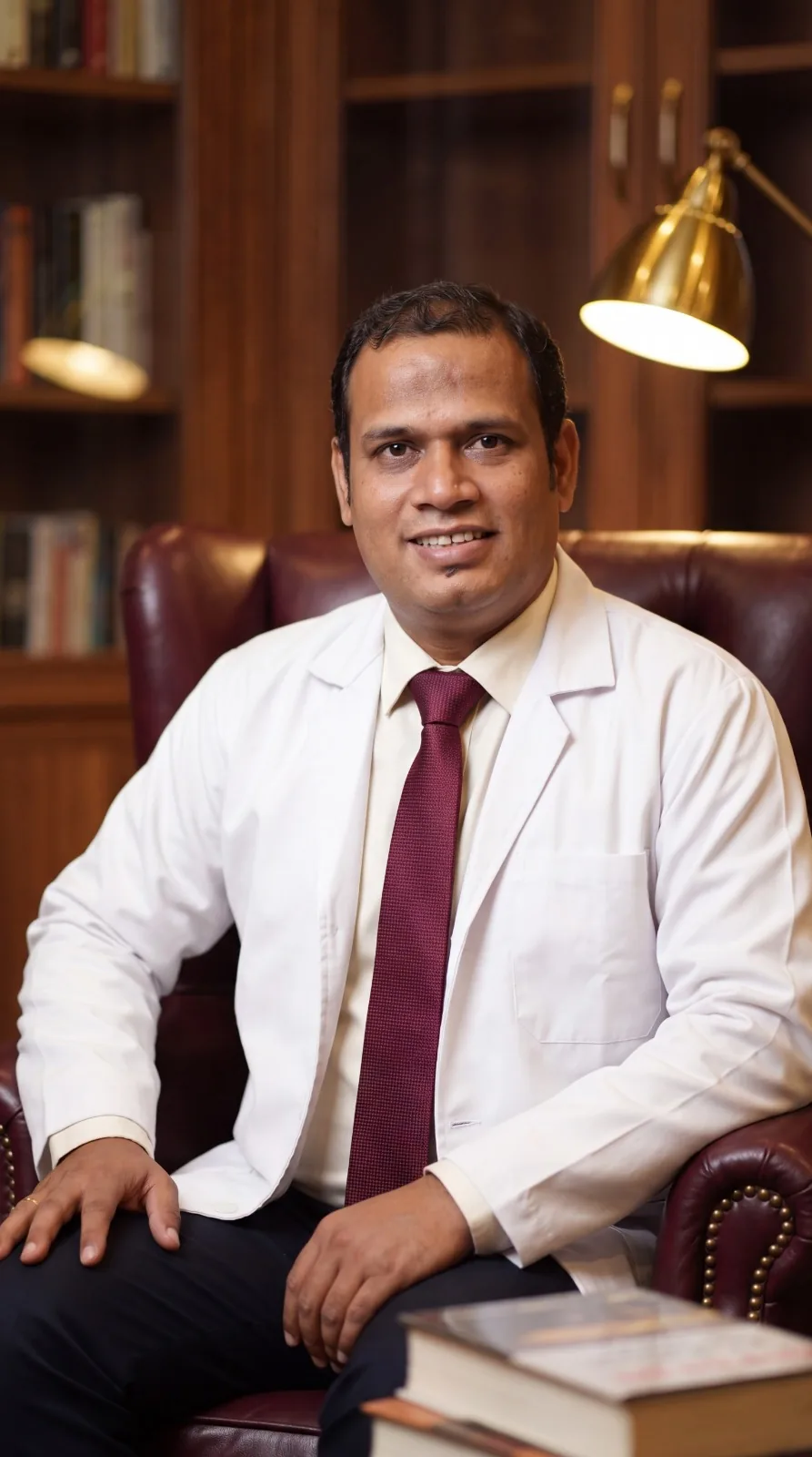Dr. Ankit M. Bhagora in a white coat and maroon tie, seated in a leather armchair in front of a wooden bookcase lit by a brass lamp