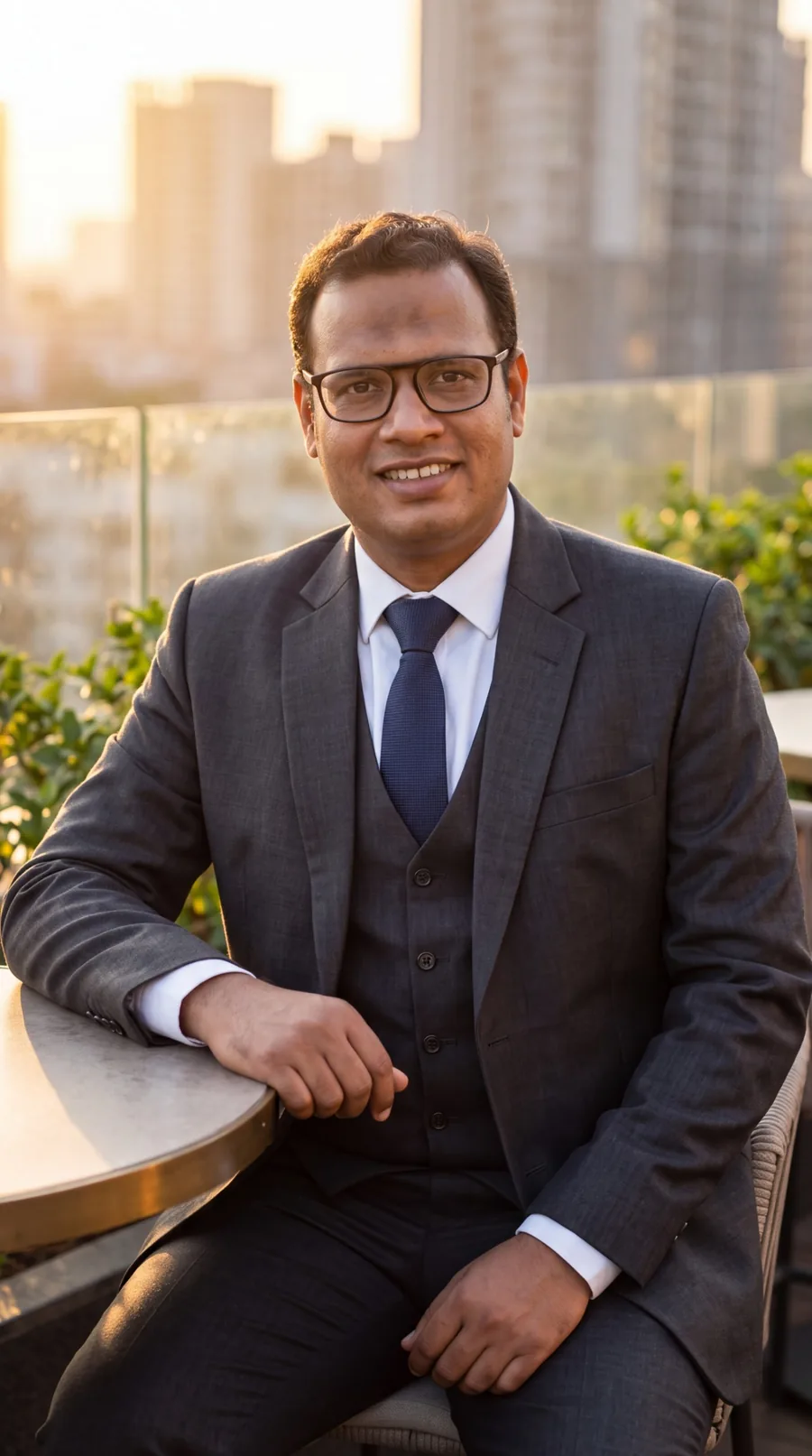 Dr. Ankit M. Bhagora in a charcoal three-piece suit and glasses, seated at a rooftop table with the Ahmedabad skyline behind him at sunset