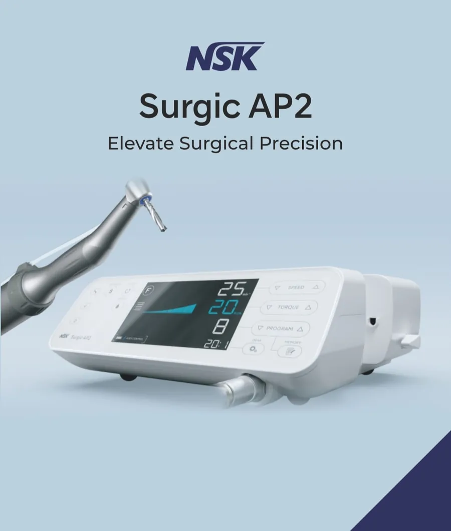 Manufacturer product image of the NSK Surgic AP2 surgical motor, showing its speed and torque display beside a contra-angle implant handpiece