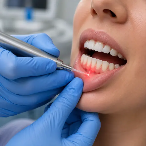 The dental laser in use on gum tissue at Karnavati Dental Care, with the protective eyewear worn during the procedure