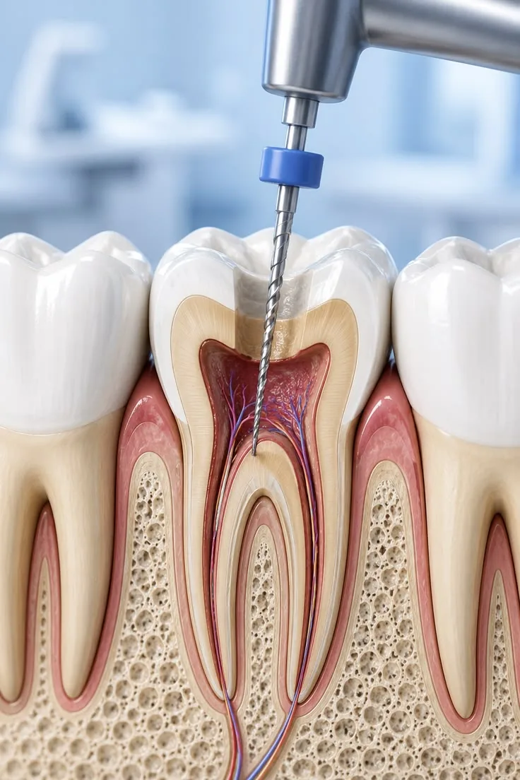 Root canal treatment under way at Karnavati Dental Care, with the tooth isolated under a rubber dam and endodontic files laid out on the tray